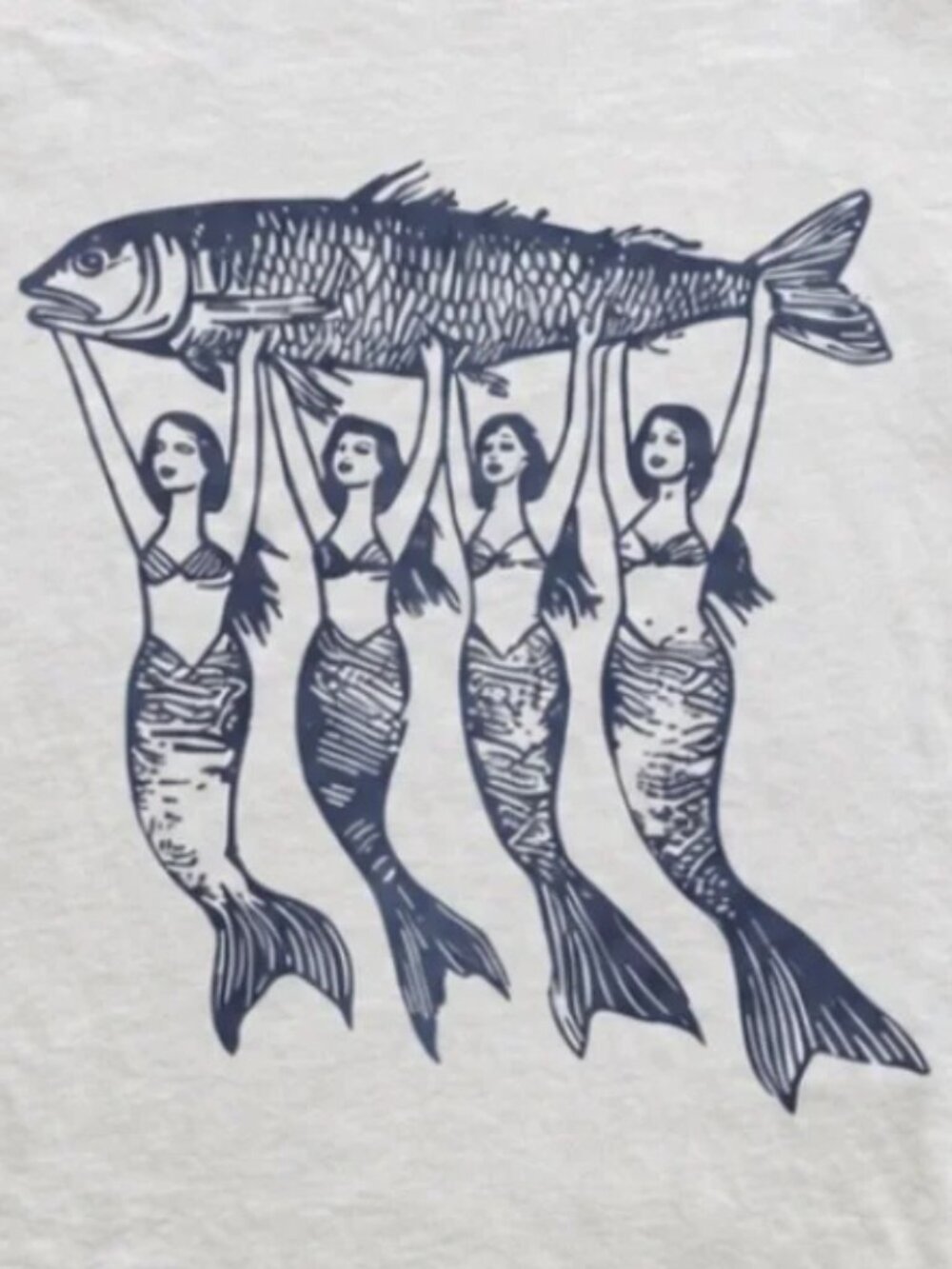 Mermaids Holding Fish Linocut White Cottagecore Graphic T-Shirt Reprint - Picture 2 of 2